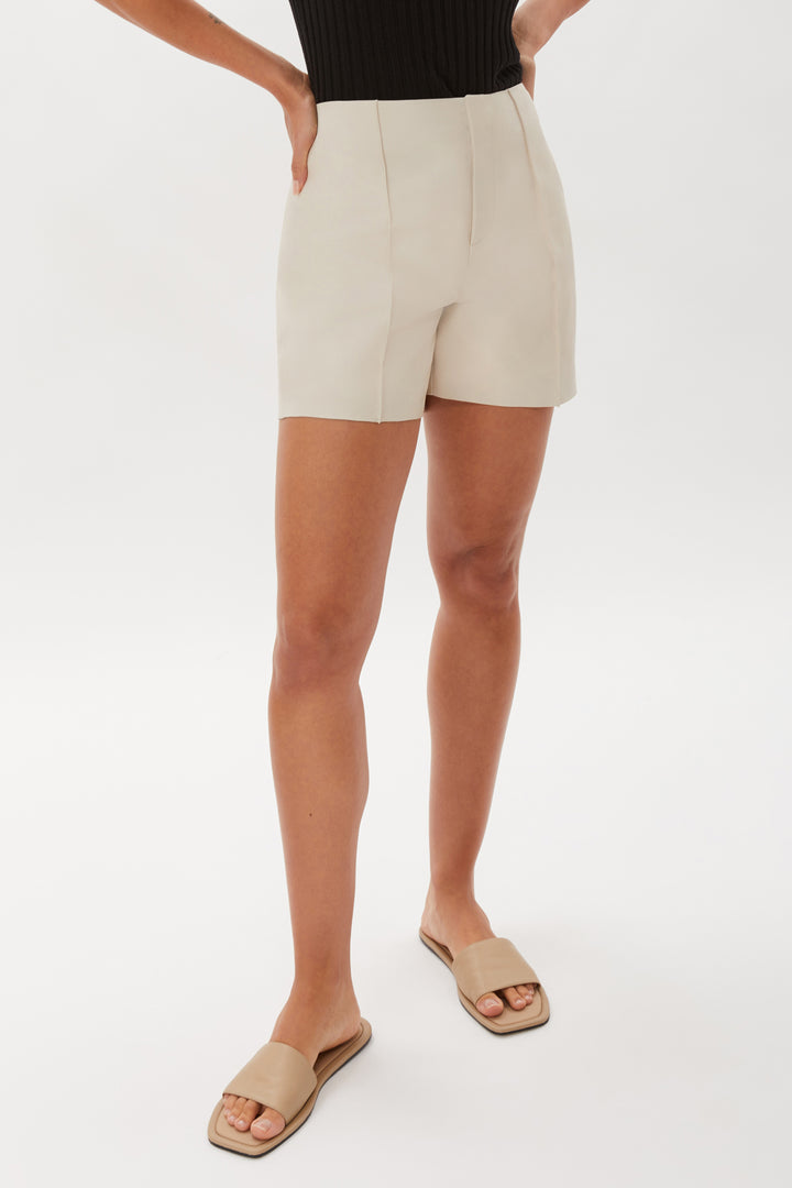 Faux Leather Short With Pintucks - Natural
