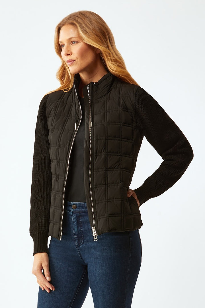 Puffer Jacket With Knit Sleeves - Black