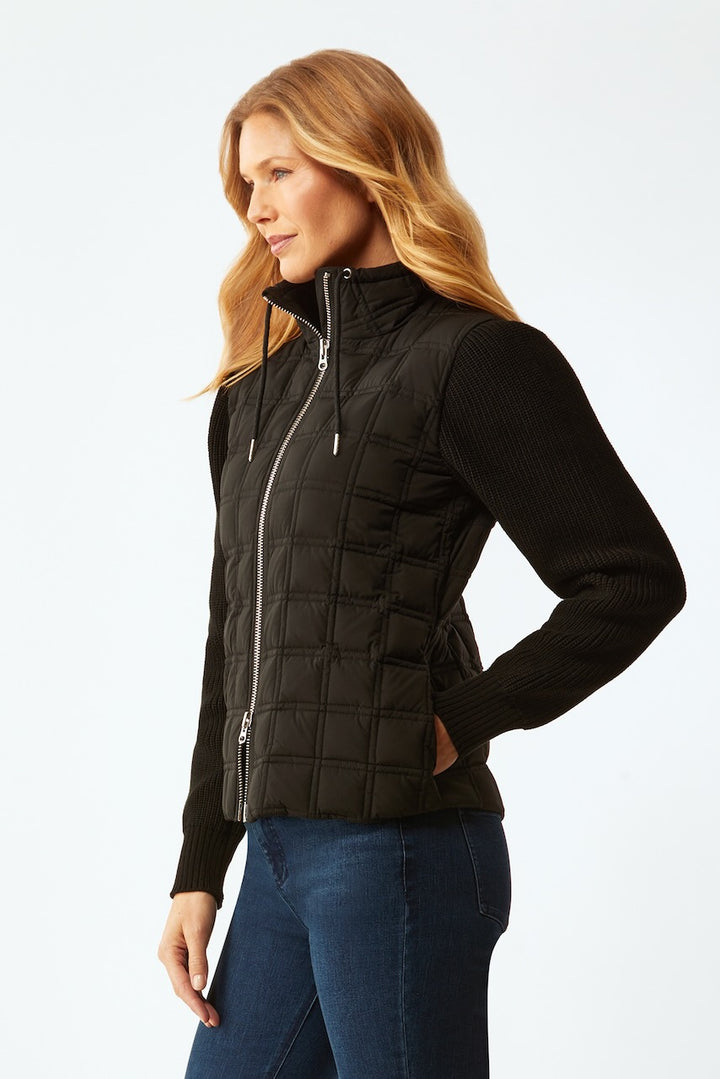Puffer Jacket With Knit Sleeves - Black