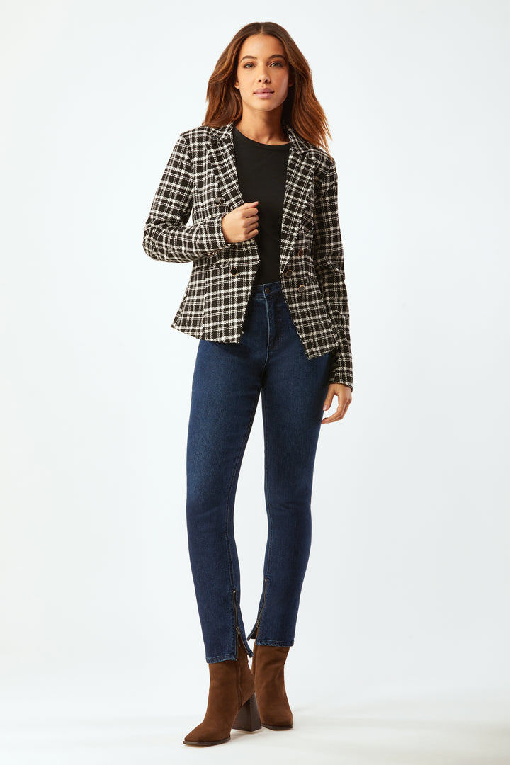 Fitted Blazer With Buttons - Black/Cream Plaid