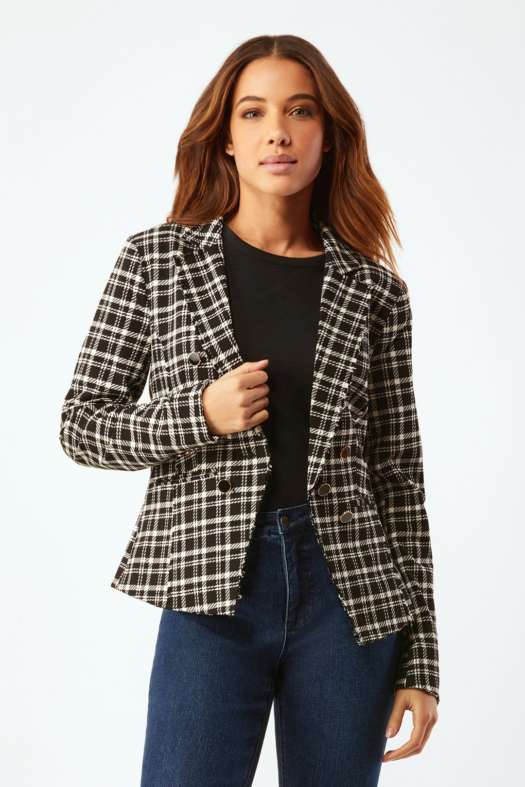 Fitted Blazer With Buttons - Black/Cream Plaid