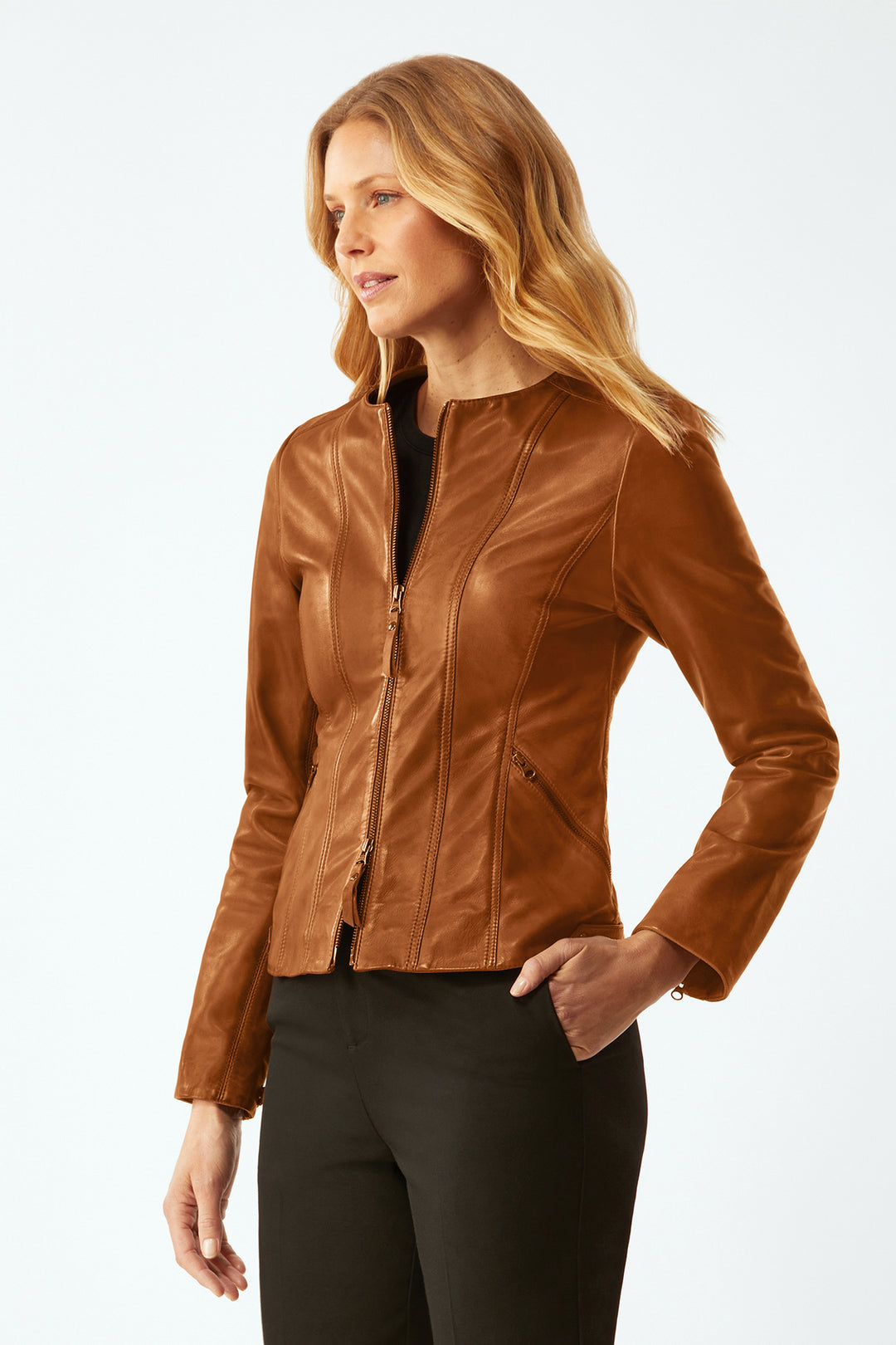 Waxed Leather Zip Jacket - Amber