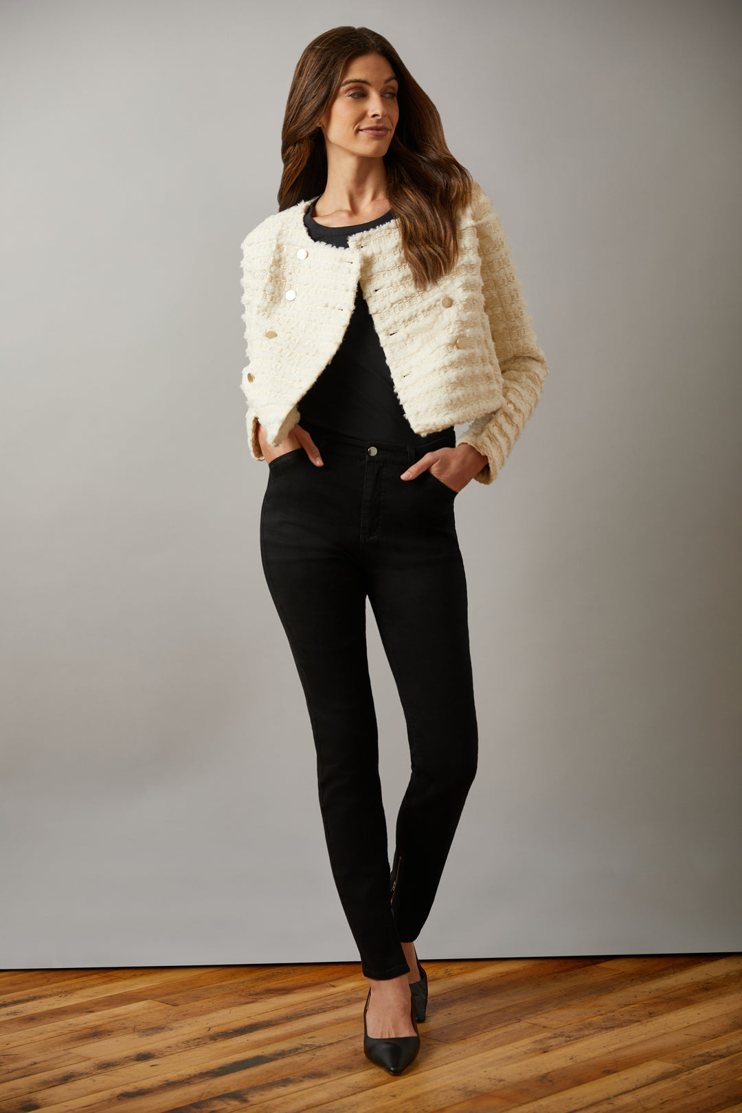 Double Breasted Collarless Jacket - Cream