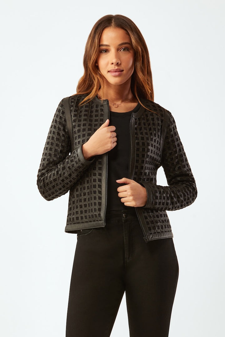 Bonded Grid Leather Zip Jacket - Black