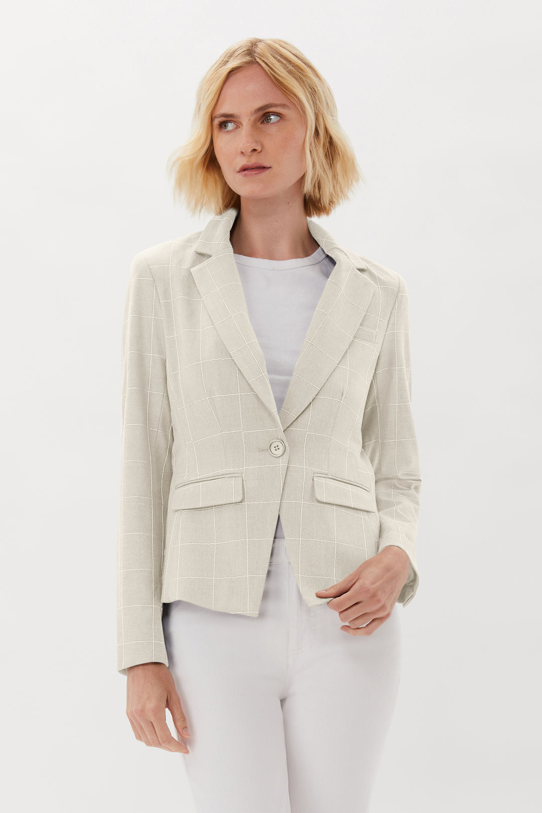 One Button Blazer With Embroidery - Sand W White Embroidery