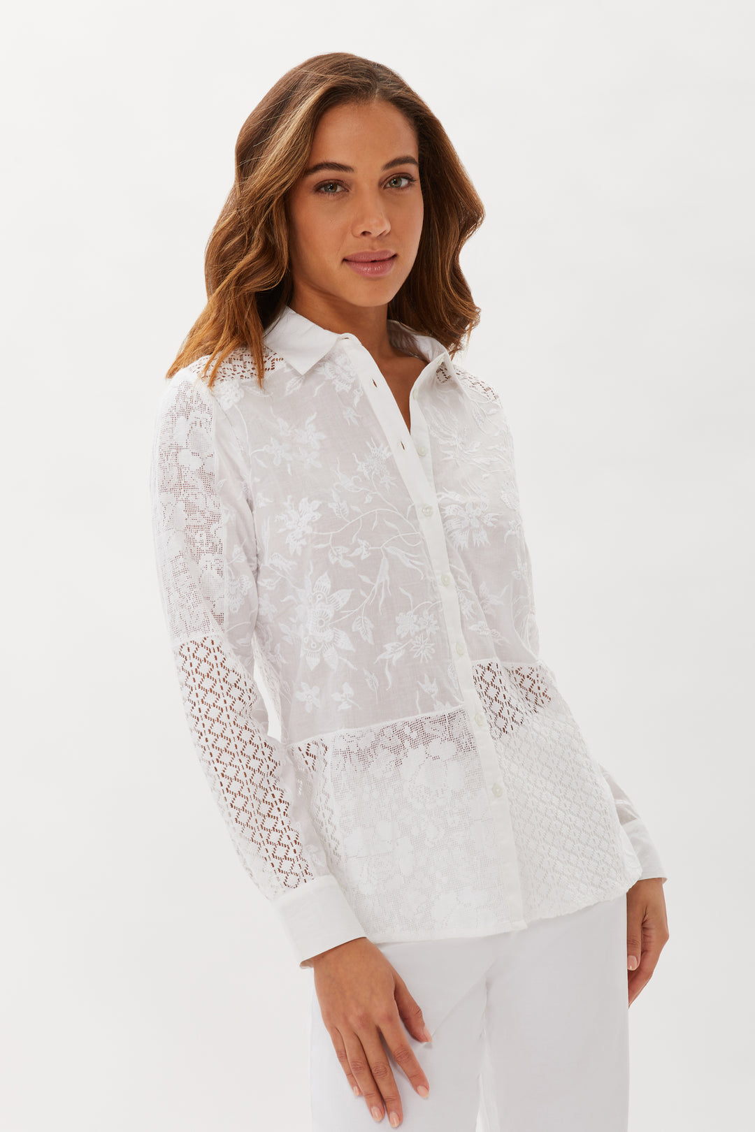 Streep Patchwork Embroidery Shirt - White