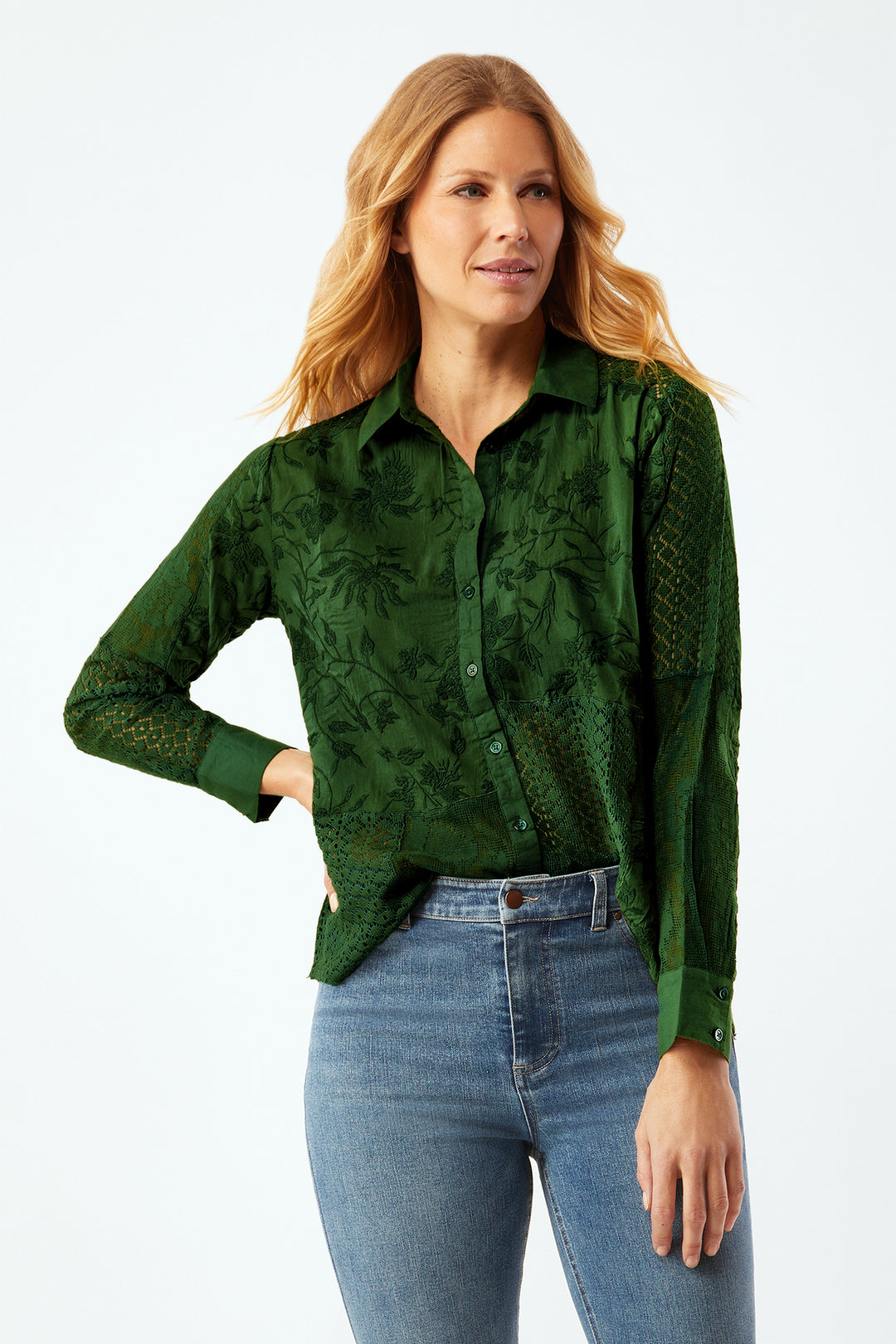 Streep Patchwork Embroidered Shirt - Cypress