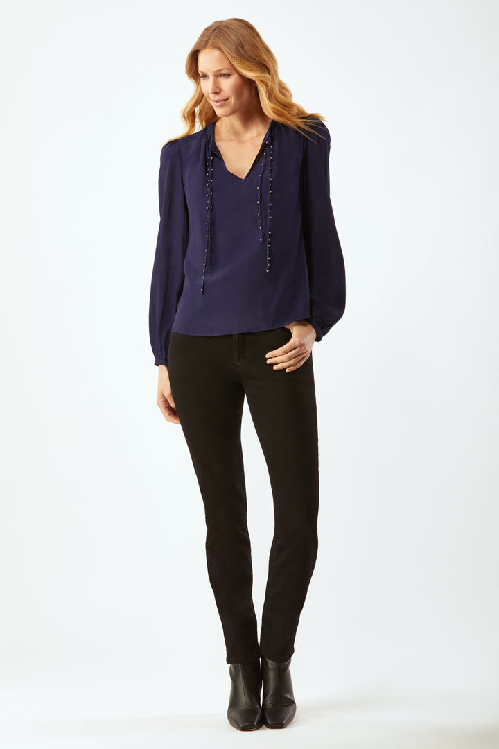 Chastain Blouse With Beaded Ties - Evening Blue