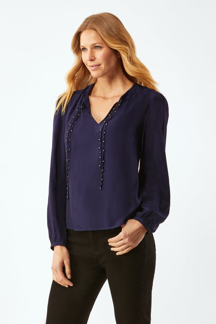 Chastain Blouse With Beaded Ties - Evening Blue