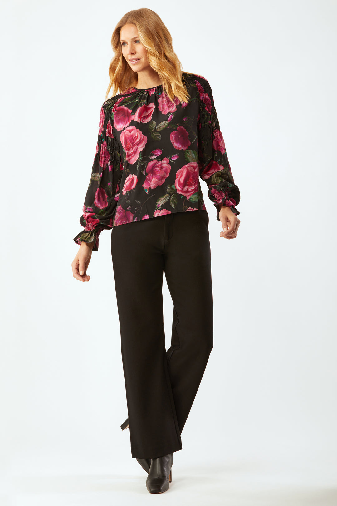 Colette Jewel Neck With Gather Details In Silk - Floral Multi