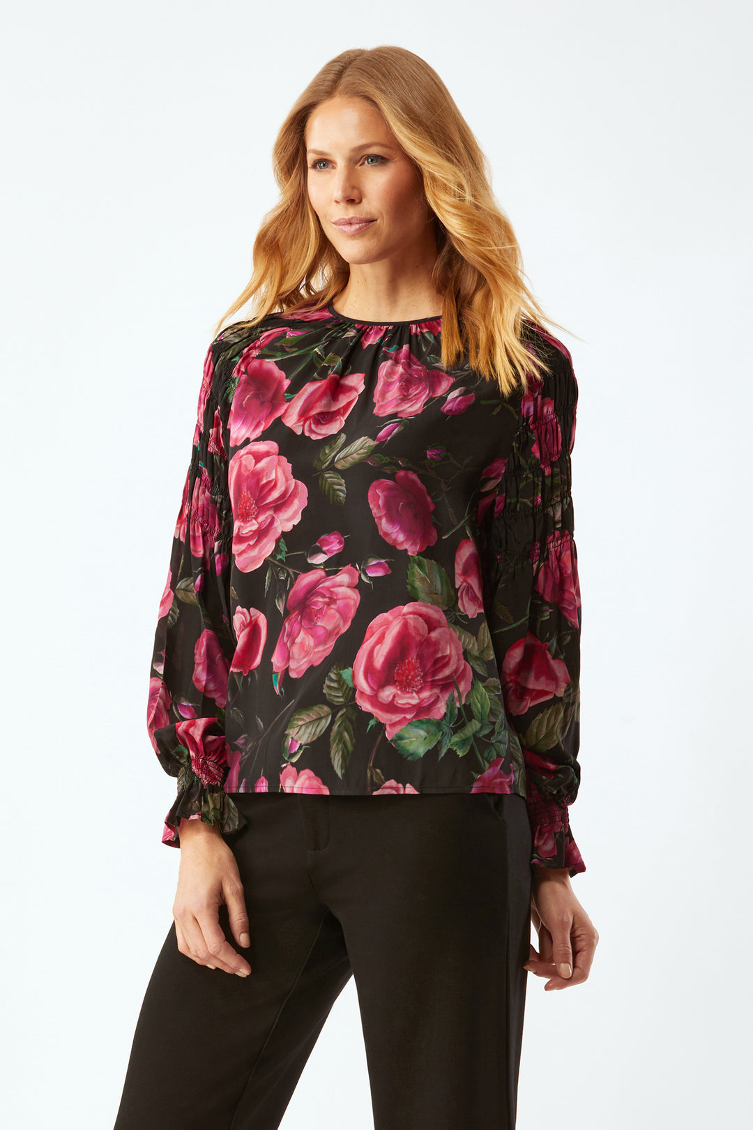 Colette Jewel Neck With Gather Details In Silk - Floral Multi