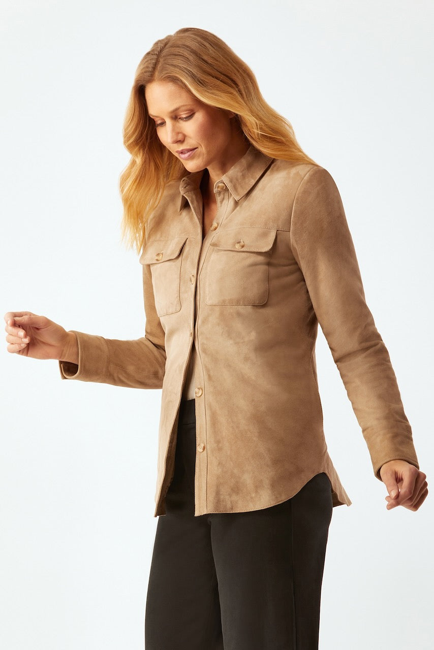 Suede Shirt Jacket W/Zip Out Liner - Camel