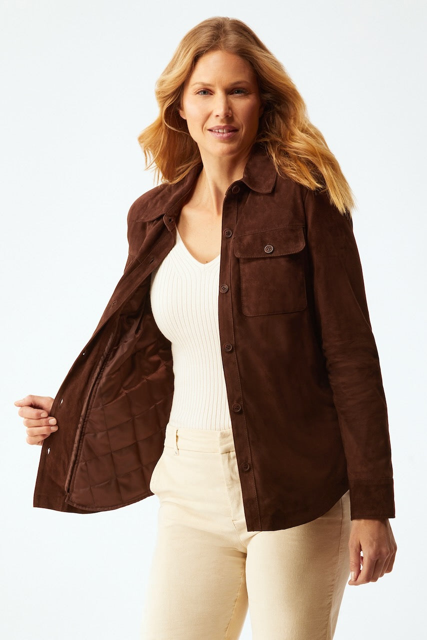 Suede Shirt Jacket W/Zip Out Liner - Chocolate