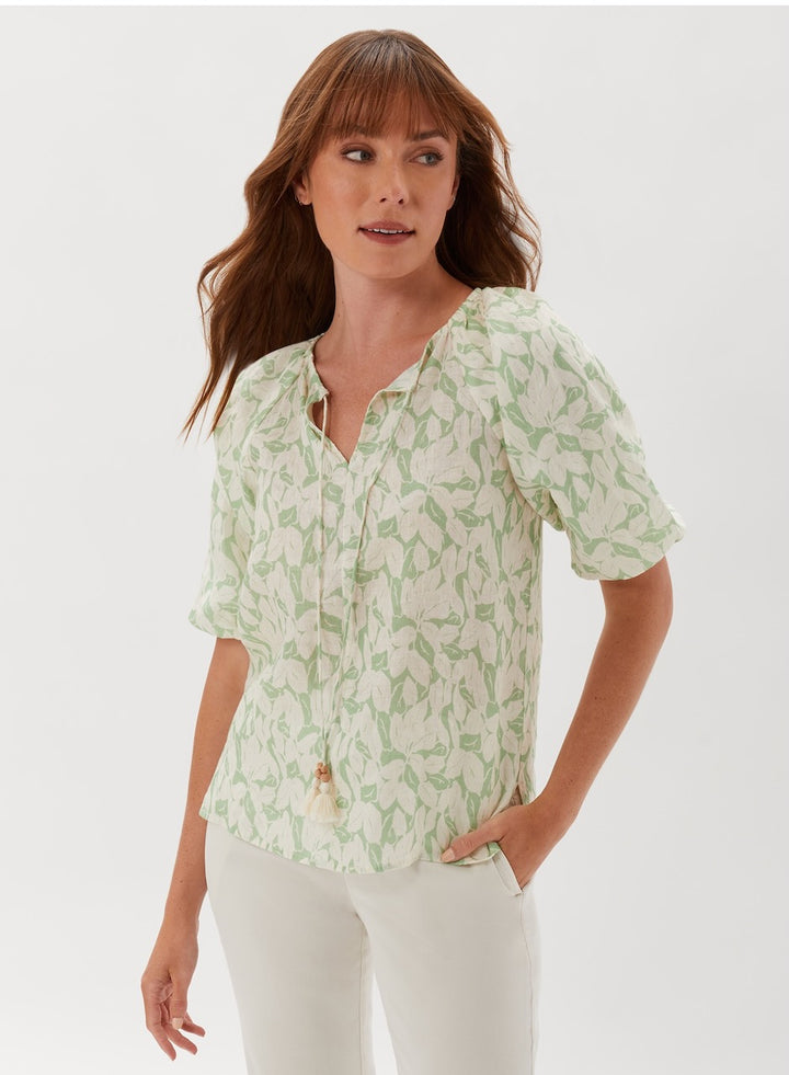 Winslet Puff Sleeve Top With Tie - Verdant