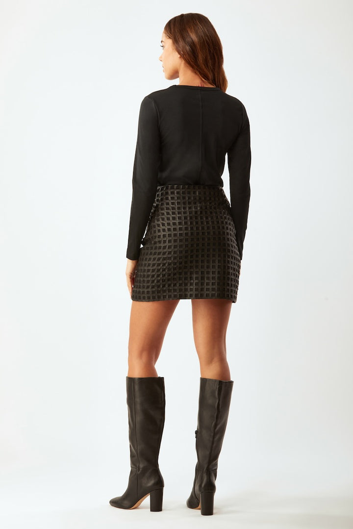 Bonded Grid Leather Mini Skirt - Black