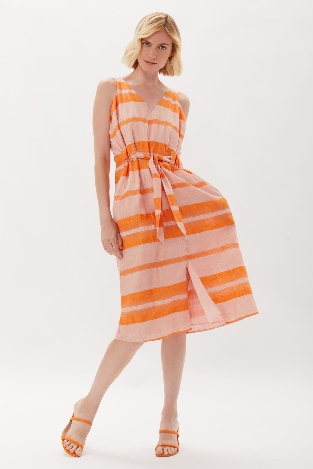 Cruz Belted Sleeveless Dress - Tangerine Stripe