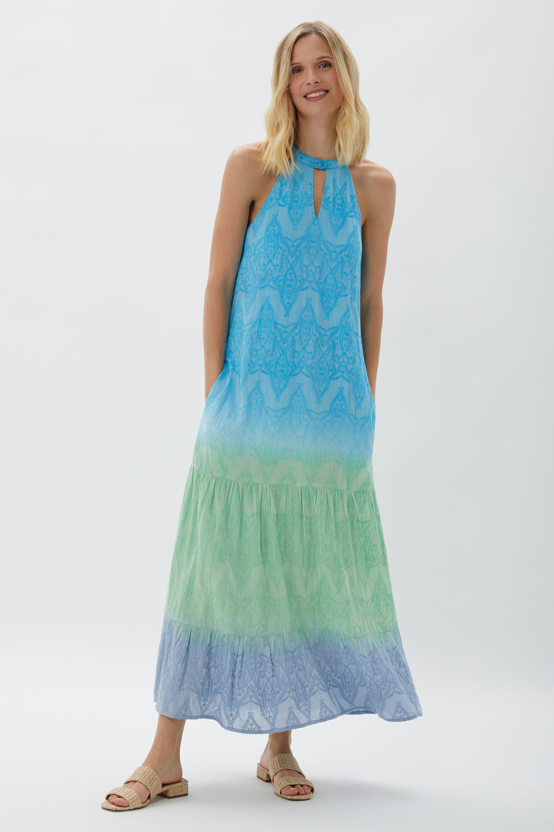 Hathaway Embroidered Halter Maxi Dress Aegean Ombre
