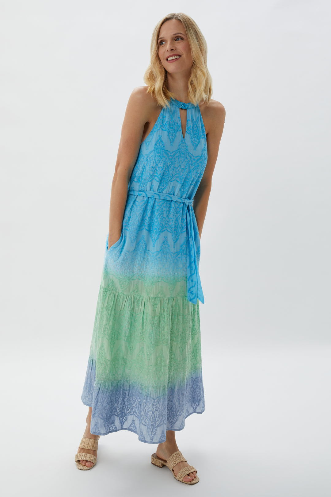 Hathaway Embroidered Halter Maxi Dress Aegean Ombre