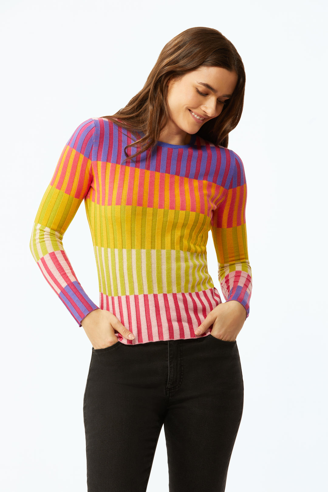 Colorblock Multi Rib Crew Neck Sweater - Multi Colorblock