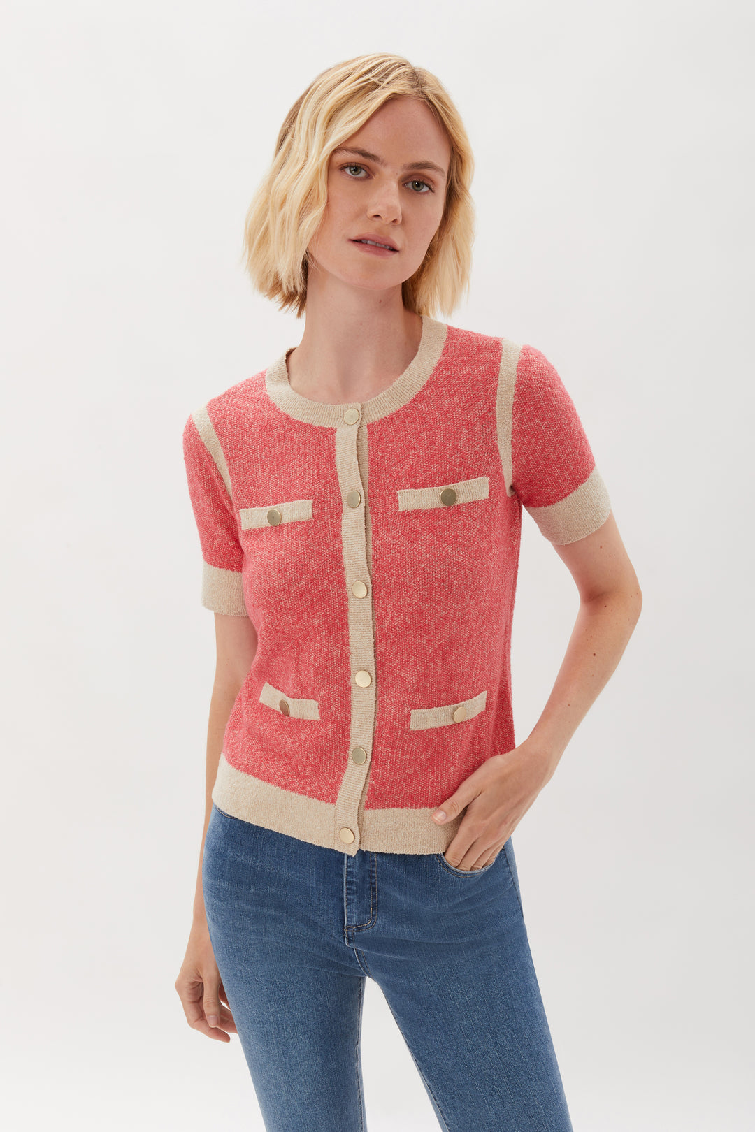 Short Sleeve Sweater Jacket - Coral Rose/ Pale Flax