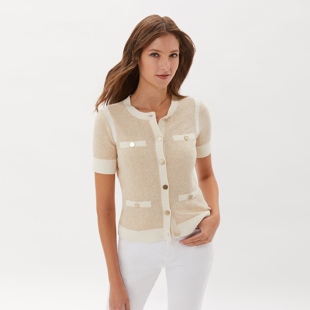 Short Sleeve Sweater Jacket - Pale Flax/Cream