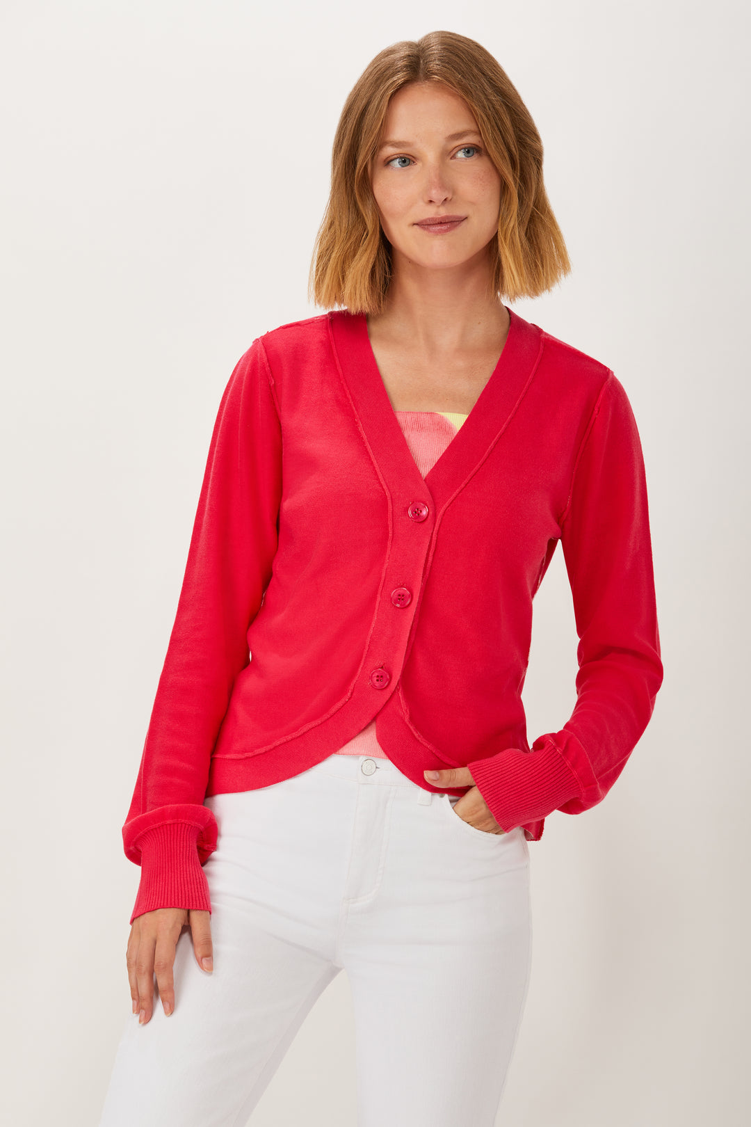 Curved Placket Printed Cardigan - Washed Fuchsia
